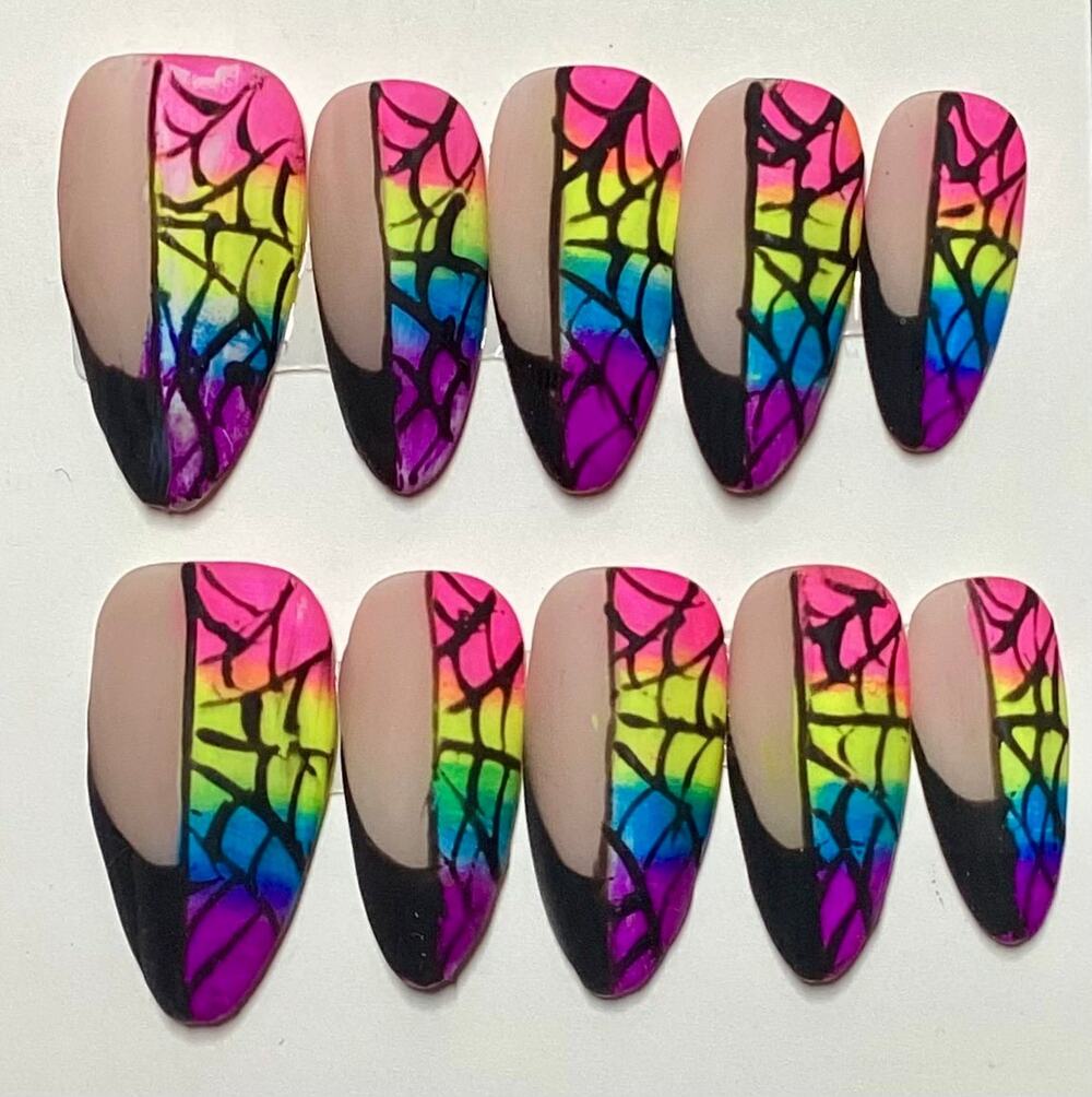 Halloween Rainbow Spiderweb Matte French Tip Almond Press-On Nails Medium Large